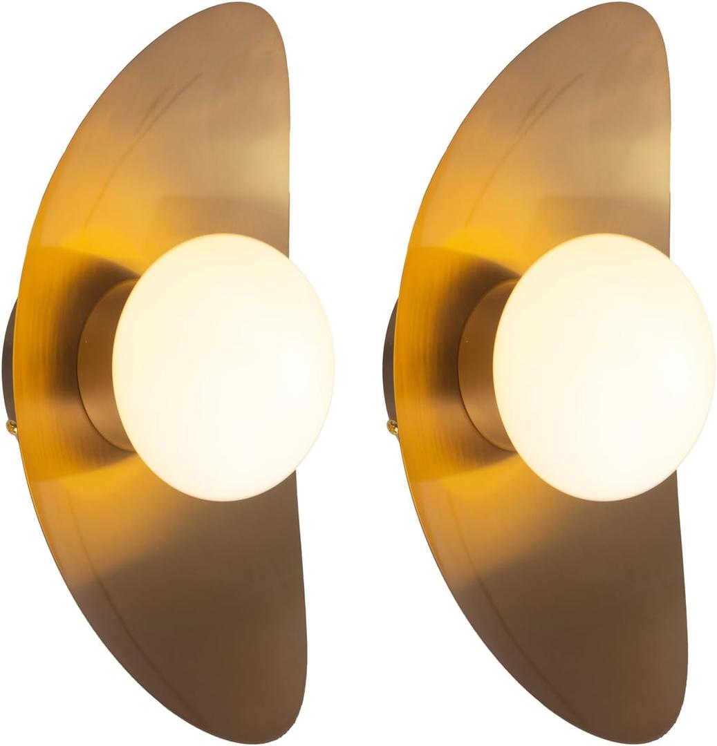 Mid Century Wall Lighting, White Glass Globe Wall Sconce Lighting, Classic Crescent Shape, Gold Finished, Bathroom Vanity Lights for Living Room Bedroom, Set of 2