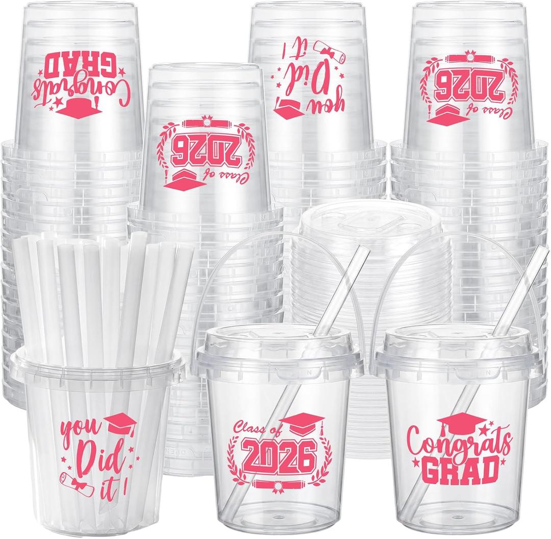 Ceenna 30 Sets 24oz Graduation Drink Buckets with Lids and Straws Class of 2026 Graduation Plastic Bucket Cups Congrats Grad Party Supplies for High School College Tailgate Party Summer Events (Pink)
