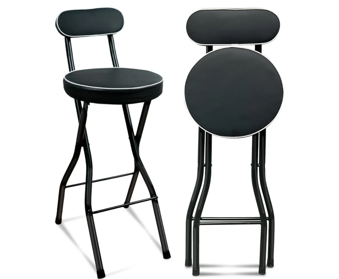 UWEAR 1 PCS Folding Bar Stool with Back, Tall Foldable Stool Seat Padded Portable Stools Counter Height Foldable Stools Chairs Collapsible Stool for Adults Kitchen Island (Black)