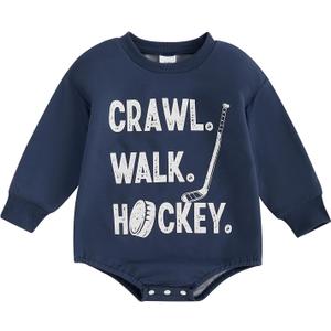 Crawl Walk Hockey Baby Boy Girl Romper Long Sleeve Retro Future Hockey Player Bodysuit Newborn Infant Sports Outfit (Dark Blue, 12-18 Months)