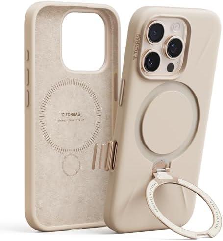 TORRAS Magnetic for iPhone 16 Pro Max Case Silicone with Stand, Fit for MagSafe, 360 Ring Stand with Camera Control, Ostand Q3 Silicone Rubber Soft Case for iPhone 16 Pro Max 6.9'', Dune Beige