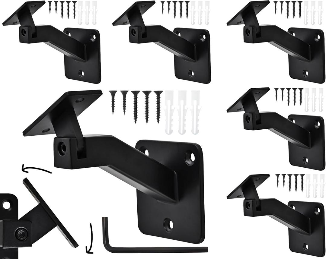 6 Pack Handrail Brackets for Indoor Stairs, Heavy Duty Hardware Support Stair Railing Bracket for Stairways, with Adjustable Square Stair Hand Rail Bracket for Staircase Outdoor, Stair Brackets Black