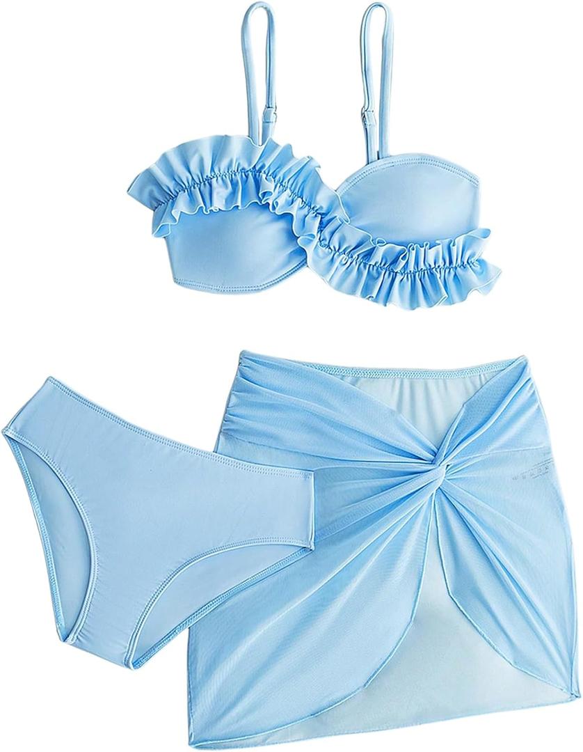 Girl's 3 Piece Bikini Set Cute Ruffle Trim Swimsuits Bathing Suits with Twist Knot Beach Skirts (Blue)