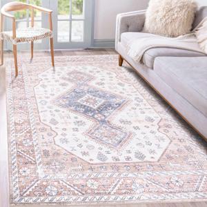 Washable Area Rug 5x7, Vintage Boho Non Slip Living Room Rug, Soft Faux Wool Foldable Carpet Nursery Rugs for Bedroom Dining Room Kids Playroom Home Office, Cream Brown