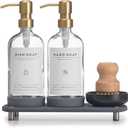 [Luxury] Kitchen Soap Dispenser Set - 16OZ Clear Glass Bottle, Stainless Steel Pump, Instant Dry Tray, Waterproof Labels, Non-Slip Silicone Pad, and Dish Brush | Upgrade for Your Kitchen and Bathroom