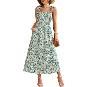 Zattcas Womens 2026 Summer Spaghetti Strap Floral Maxi Dress with Pockets Smocked Flowy Long Beach Vacation Sundresses, Medium