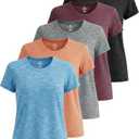 Real Essentials 5 Pack: Women's Short Sleeve T-Shirts Workout Tops Fitness Pilates Gym Activewear Athletic, XL