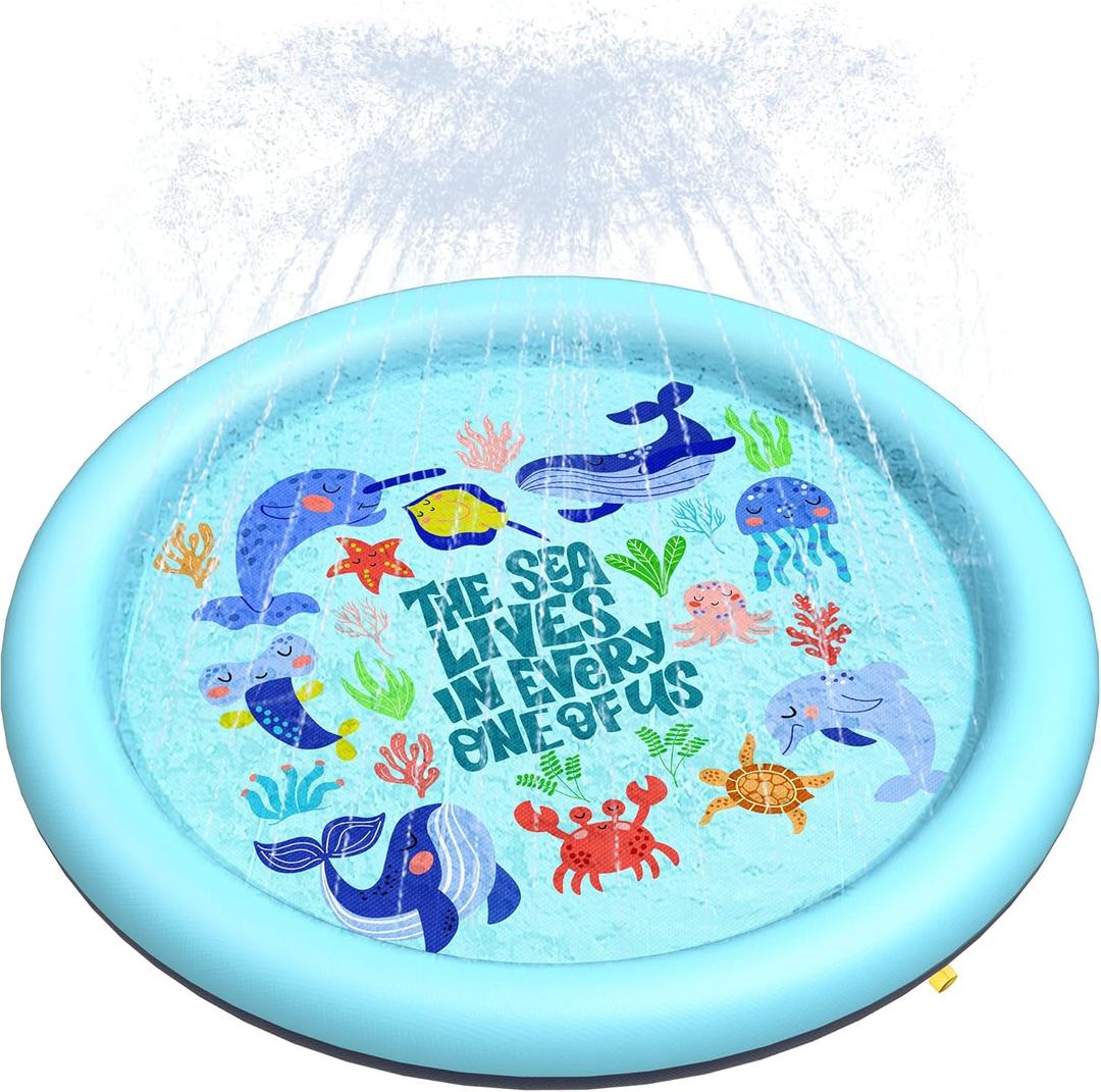 Peteast Anti-Slip Ocean-Themed Splash Pad for Kids and Dogs - 67in 0.58 mm Thicken Sprinkler Dog Pool for Summer Outdoor Water Toys - Fun Backyard Play Mat for Children and Pets