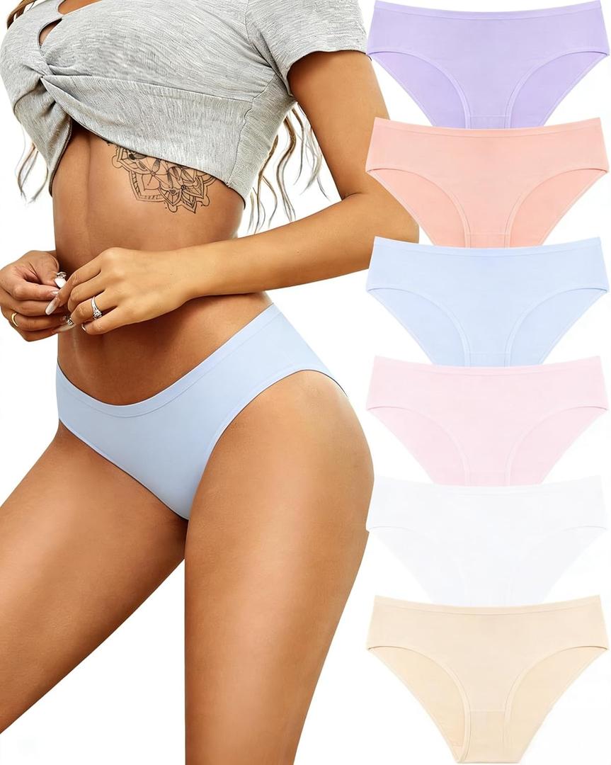 ALL OF SHE Womens Underwear Cotton Hipster Panties Breathable Sexy Cheeky Stretch Soft Ladies Bikini Underwear 6 Pack S-XXL (L)