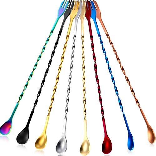 Boao 8 Pcs 10 Inch Long Bar Spoon Cocktail Spoon Stirring Mixing Long Stainless Steel Spiral Pattern Cocktail Stirrers Spoons for Bartender and Home Use (Multicoloured)