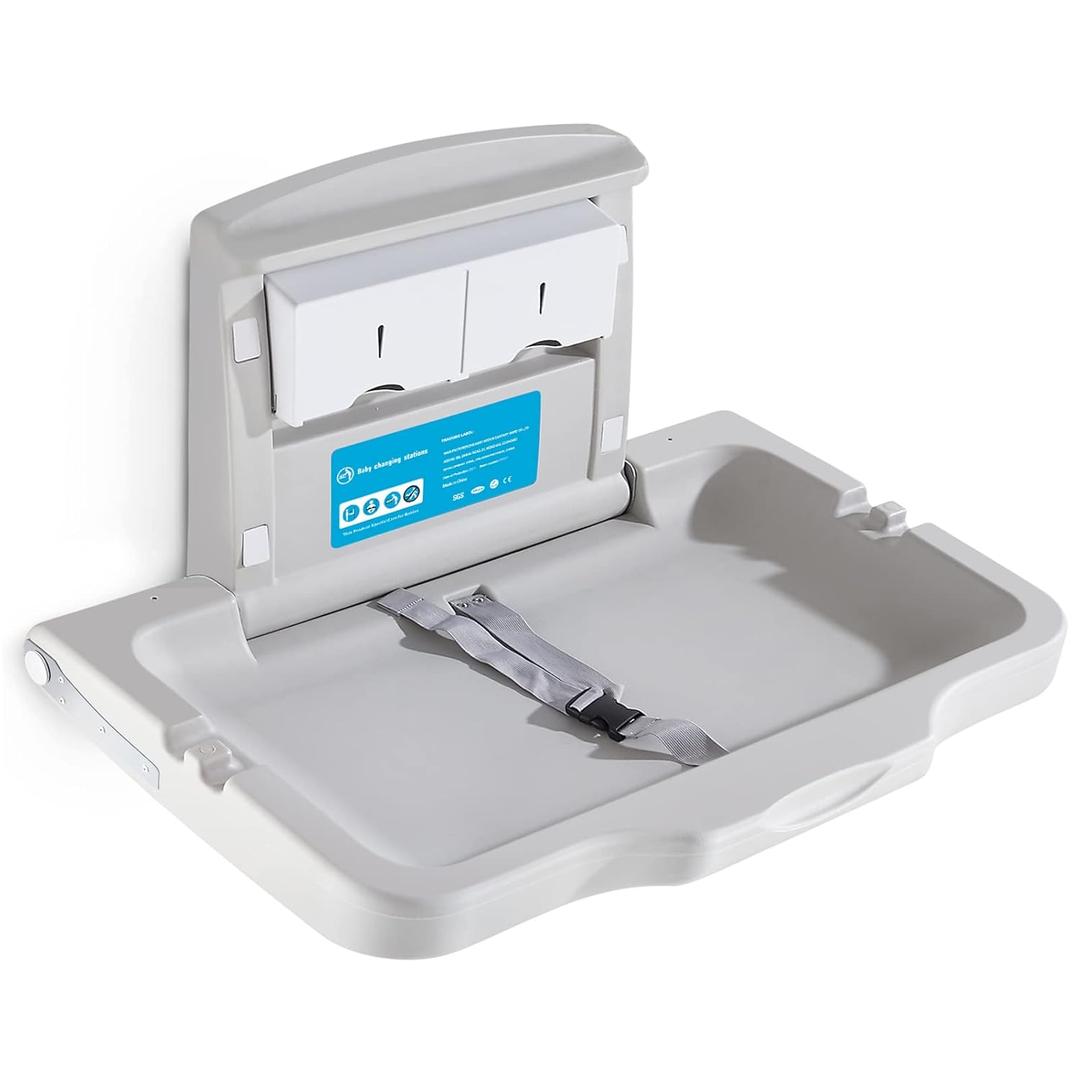 Baby Changing Station Wall Mounted Baby Changing Table Foldable Diaper Changing Unit Commercial Restrooms Horizontal HDPE Meterial with Safrty Strap White Gray (Horizontal+Wipe case)