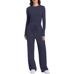2 Piece Lounge Sets for Women Fall Outfits Long Sleeve Wide Leg Tracksuits Womens Two Pcs Casual Matching Loungewear Set (Medium, Dark Blue)