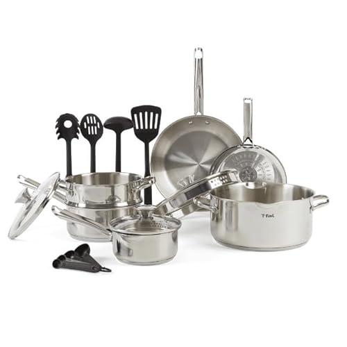 T-fal Cook & Strain Stainless Steel Cookware Set, 14 Piece Set, Dishwasher Safe, Multi, Silver