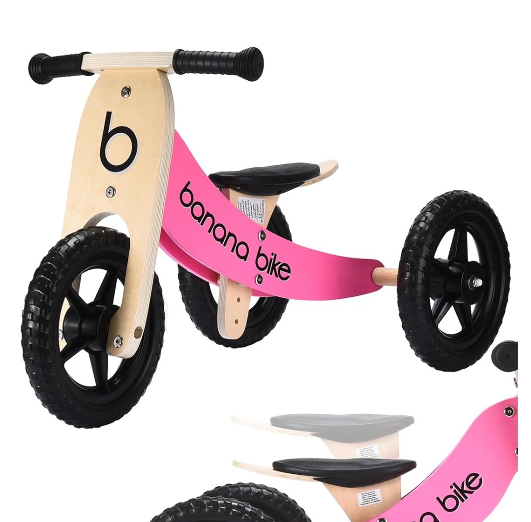 banana bike Toddler Wooden Balance Bike - No Pedals Tricycle - Puncture Proof Tires - Ergonomic and Durable - Smooth Grip Handles - Improves Coordination - Birthday Gift for Boys and Girls - pink