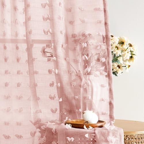 Boho Semi Sheer Coral Pink Curtains for Girls Bedroom, Back Tab/ Rod Pocket Casual 63" Long Semitransparent Sheer Window Treatment Privacy for Kids Nursery, 2 Panel Set Cute Butterfly Blush Pink W52xL63