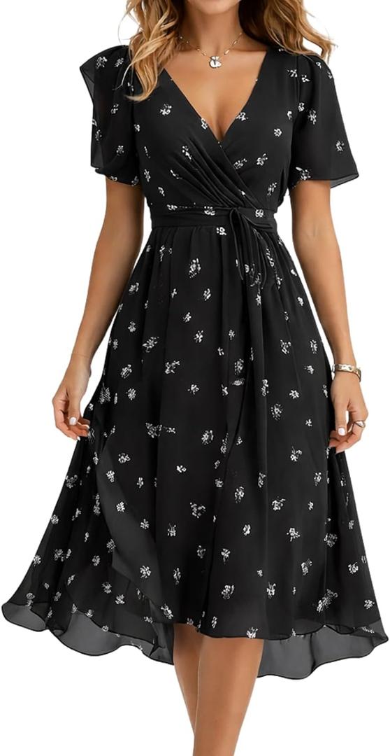 Summer Dresses for Women 2026 Floral Chiffon Dress Casual Short Sleeve Empire Waist Midi Dress Beach Vacation Outfits (Black, XXL)