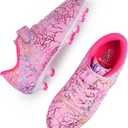 Brooman Kids Firm Ground Soccer Cleats Girls Football Cleats with Shin Guards and Soccer Socks, Size 2 (Pink)