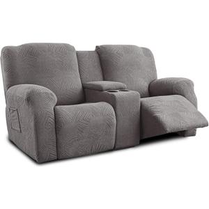 Recliner Loveseat Covers with Console,6-Piece Stretch Geometric Strokes Jacquard Reclining Chair Slipcovers,Seamless Furniture Protector,Soft Breathable Couch Cover,Medium Gray