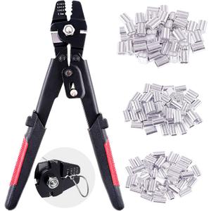 Swpeet Profession Up To 2.2mm Wire Rope Crimping Tool Wire Rope Swager Crimpers Fishing Crimping Tool With 150Pcs 3 Size Aluminum Double Barrel Ferrule Crimping Loop Sleeve Kit