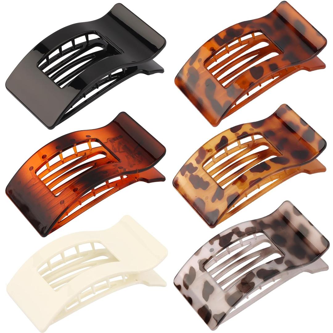 6 Pack Flat Hair Claws Clips for Women, Large Extra Strong & Thick Clips for Thick Fine Hair Styling, Secure Hair Hold Glossy Brown Black White