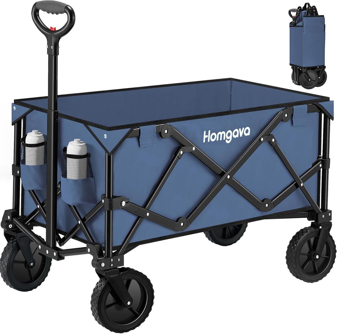Collapsible Folding Wagon Cart 150L, Heavy Duty Garden Cart with All Terrain Wheels,Portable Large Capacity Utility Wagon Cart for Camping Fishing Sports Shopping,Blue