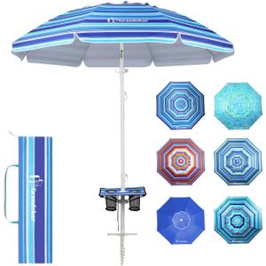 Grandekor 7FT Beach Umbrellas for Sand Heavy Duty Wind Portable Beach Umbrella with Table Travel Beach Umbrella with Carry Bag Sun Umbrella Beach, UV 50+ (Blue&White)