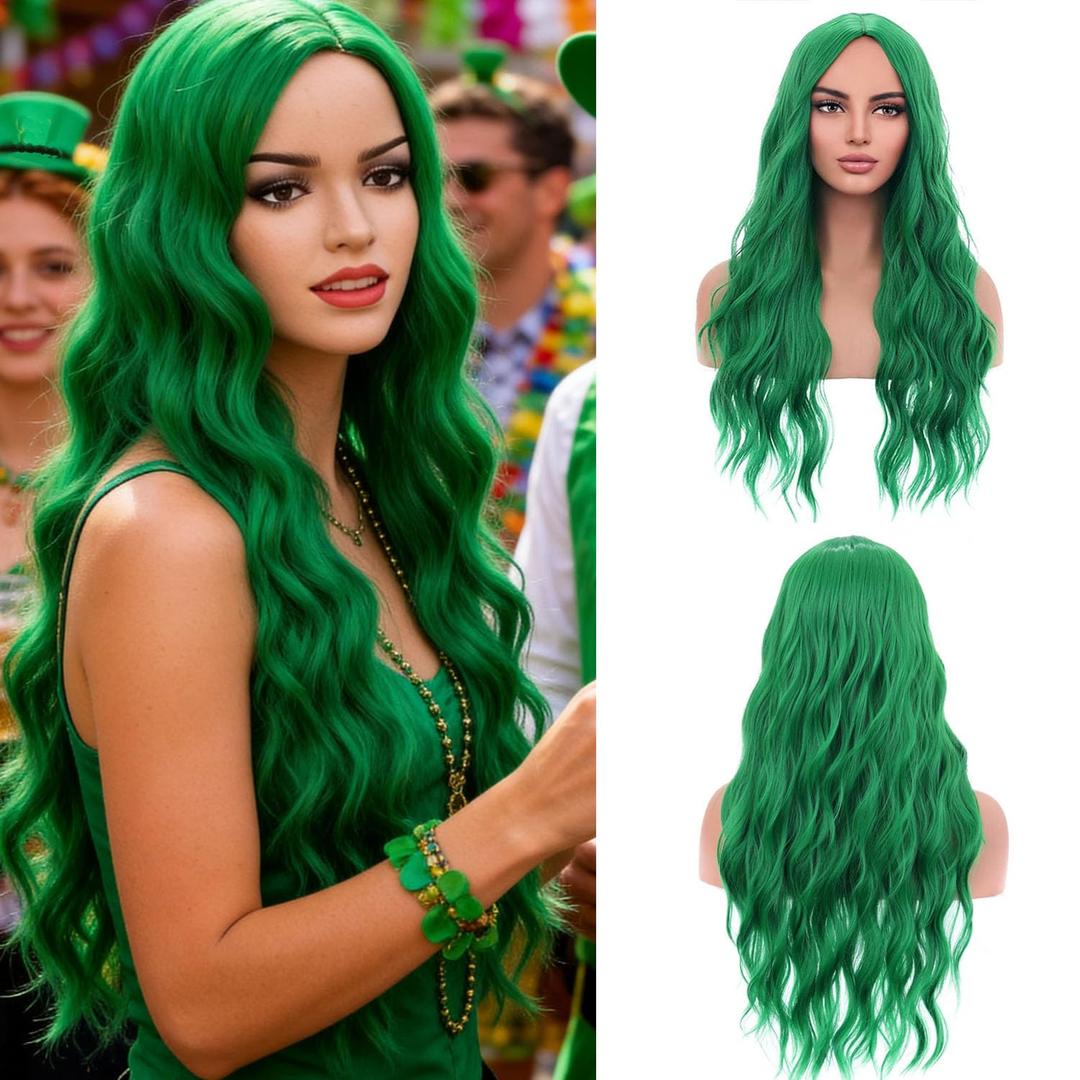 MAGQOO Green Wig for Women Girls Long Curly Wavy Emerald Green Wigs Middle Part Heat Resistant Hight Density Synthetic St.Patrick's Day