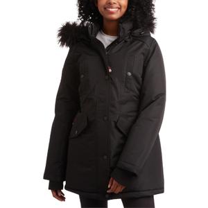 CANADA WEATHER GEAR Womens Long Puffer Coat - Heavyweight Wind Water Resistant Faux Fur Hood Parka Winter Jackets for Women (Medium, All Black)