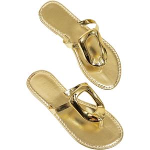 OYOANGLE Women's Metal Ring Flip Flops Metallic Open Toe Comfy Vacation Dressy Slide Sandals Gold 9