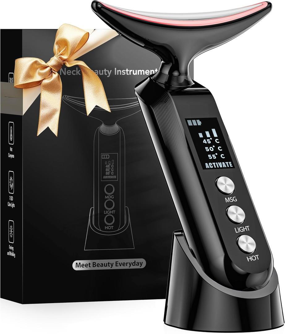 2025 Upgraded Facial Neck Massager Portable Charging Dock - 3 Heat Settings, Vibrating Face Massage, 9-Color LED Light & 72Hrs Battery | Home Spa Travel Skincare - Black
