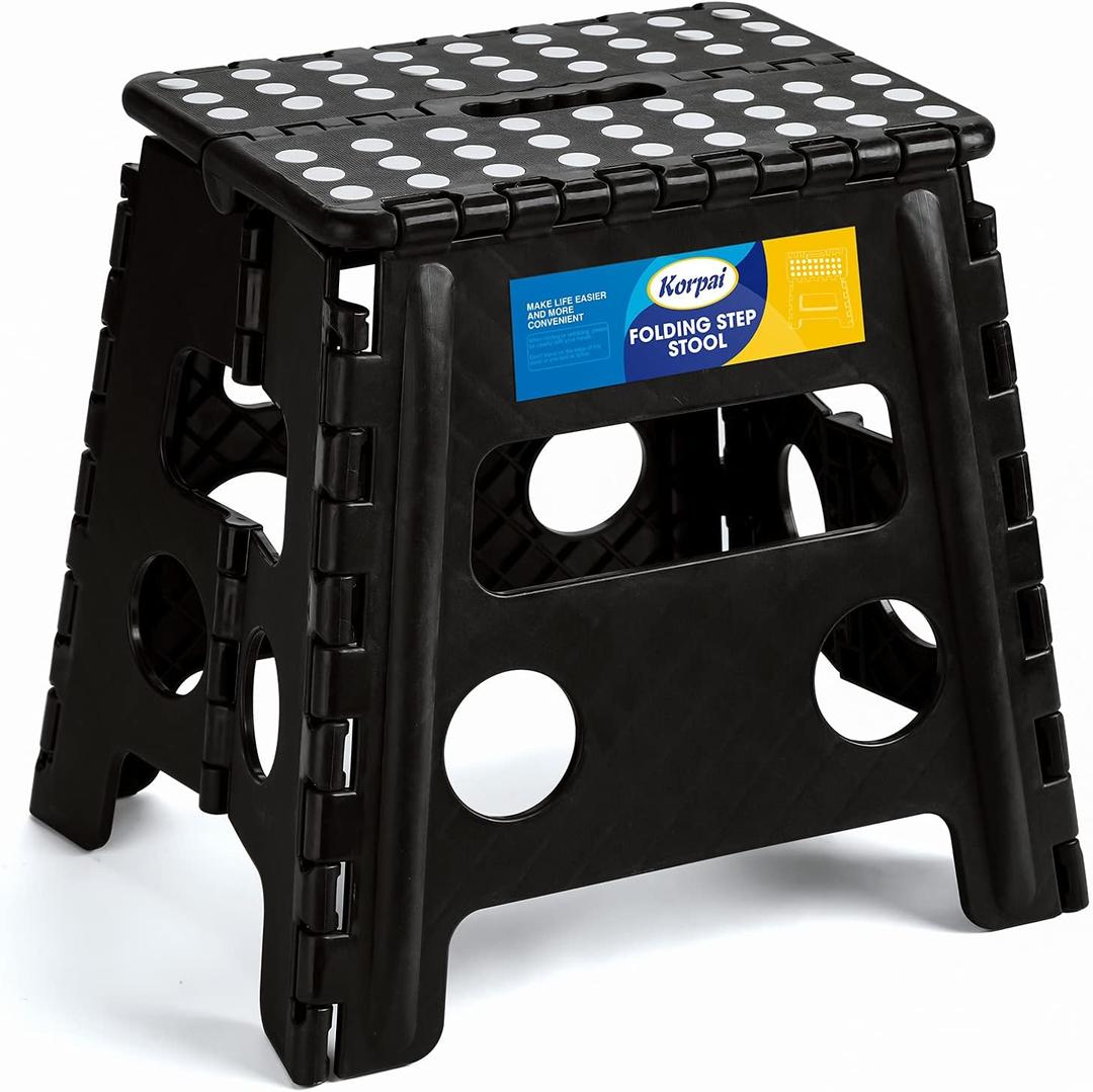 Korpai 13" Folding Step Stool for Adults and Kids Holds Up to 300 lbs,Non-Slip Folding Stools with Portable Handle, Compact Plastic Foldable Step Stool for Bathroom,Bedroom, Kitchen,Black,1PC