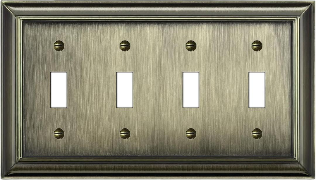 BESTTEN Aged Brass Metal Toggle Switch Cover, 4 Gang Zinc Alloy Antique Brass Light Switch Wall Plate, Corrosion Resistant