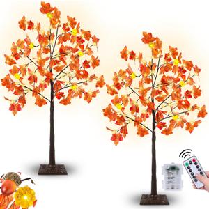 Remote Control&Timer-Thanksgiving Decorations 2 Pack 4 Ft Artificial Prelit Lighted Fall Maple Tree for Home, 3D Patented Pumpkin Lights Acorn 96 Warm White LEDs 8 Mode Fall Decor Porch Party Outdoor