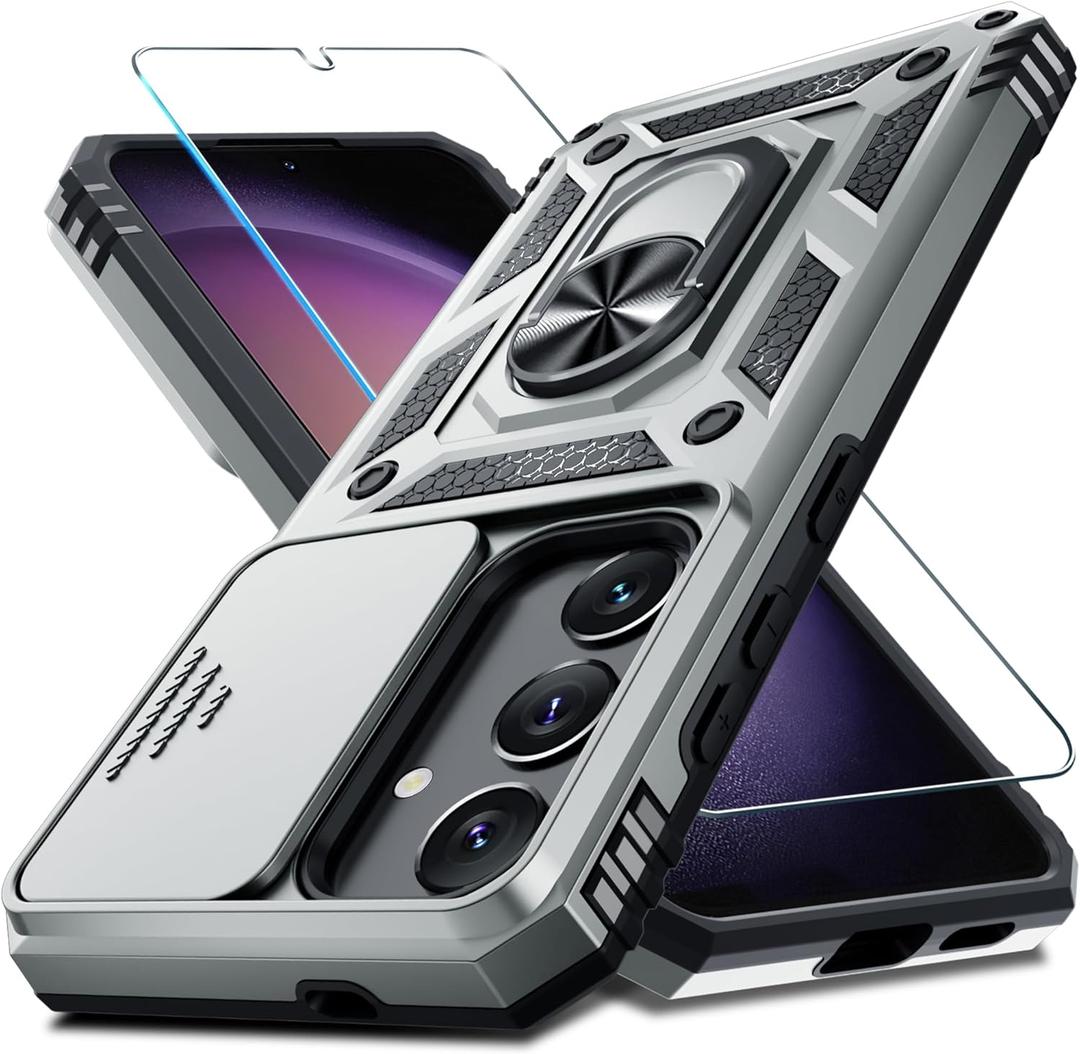 Janmitta Compatible with Samsung Galaxy S25 Plus/S24 Plus Case Built in Slide Camera Lens Cover+Screen Protector+Finger Ring Holder Kickstand,Heavy Duty Shockproof Full Body Phone Cover,Silver