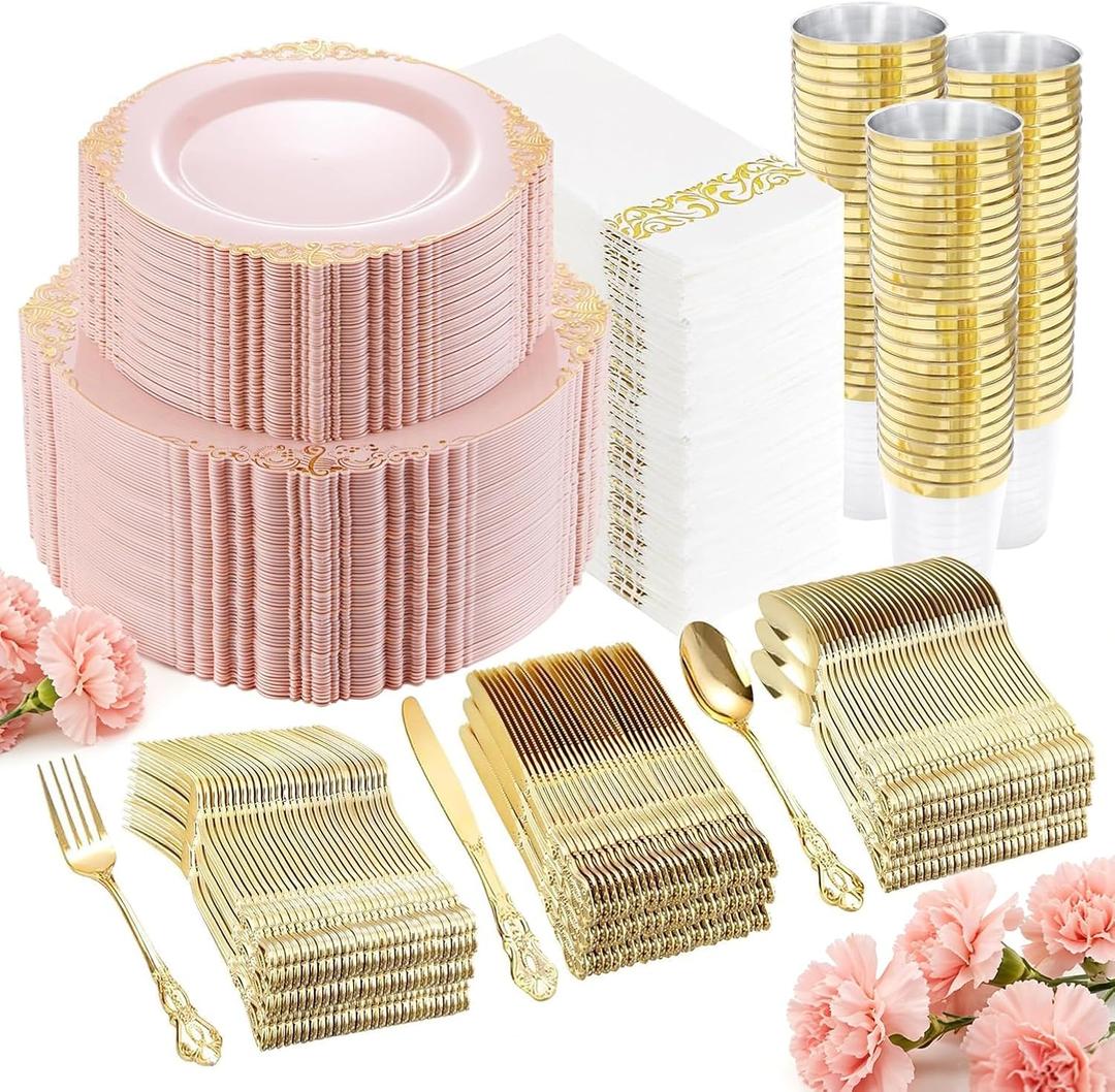 YOUBET 700PCS Pink Plastic Plates - Pink and Gold Plates - Luxury Pinks Dinnerware Set Include 200 Disposable Plates, 300 Heavy Duty Silverware, 100 Cups, 100 Napkins for Wedding Party Mothers Day