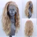 ELESTY Long Natural Curly Glueless Lace Front Wig Gloden Blonde Synthetic Lace Front Wigs for Women Left Part Glueless Heat Resistant Fiber Hair Daily Party Wig
