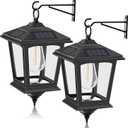Solar Wall Lantern Outdoor, 2 Pack Hanging Solar Lights with 4 Solar Panels, Anti-Rust Waterproof Hanging Solar Lanterns, Decorative for Porch Fence Garden Warm White