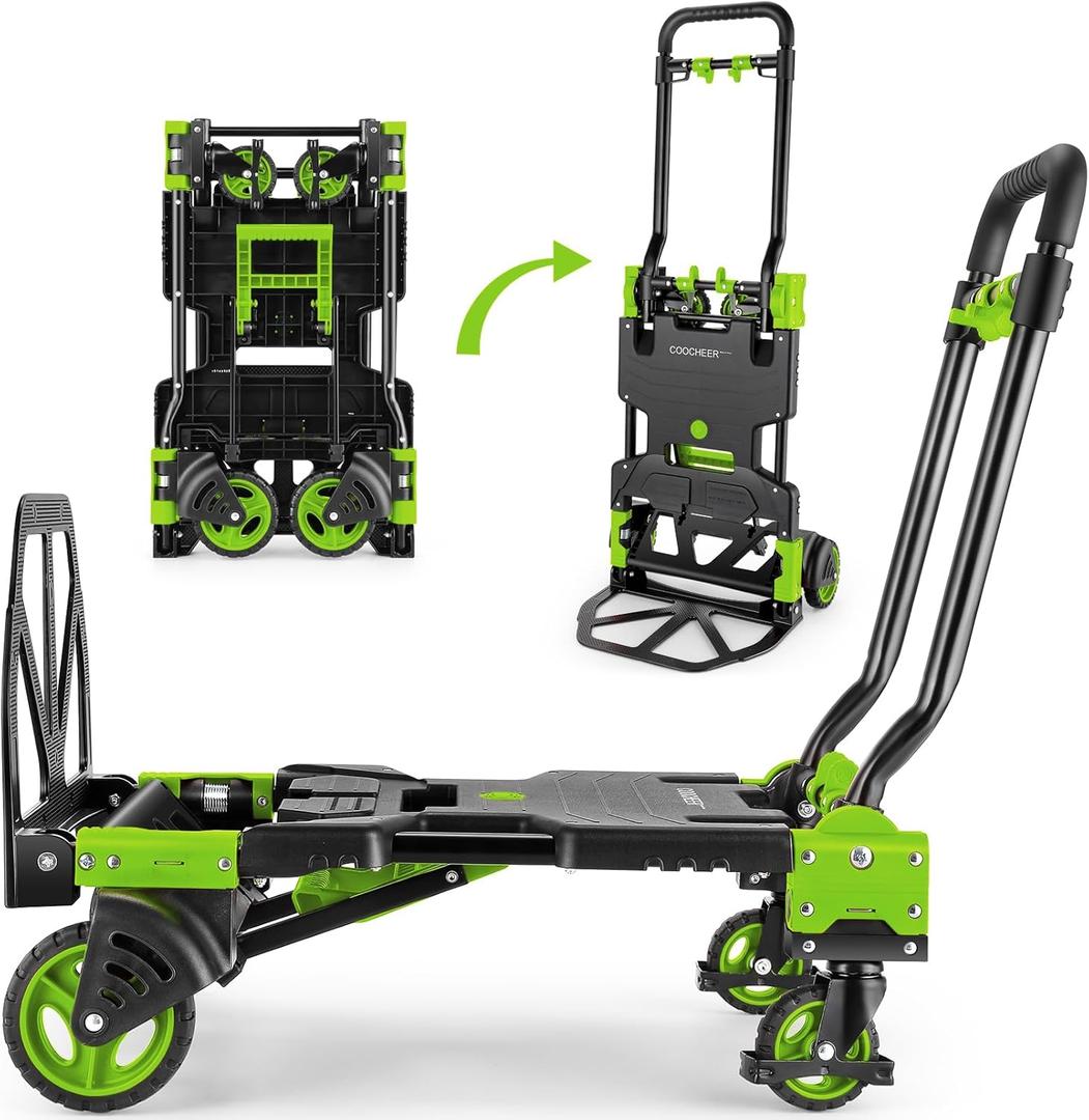 330LB Folding Hand Truck Heavy Duty Carrying, Combination of Four Wheels and Two Wheels Convertible Dolly Cart with Retractable Handle Dolly for Moving Office Carts(Green)