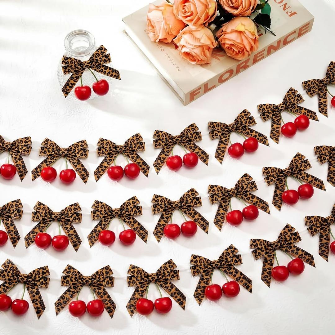 24 Pcs Let's Get Wild Theme Party Decoration Cherry Bow Garland Leopard Bow Bachelorette Party Supplies Let's Get Wild Cheetah Print Banner for Bachelorette Wedding Birthday Decor