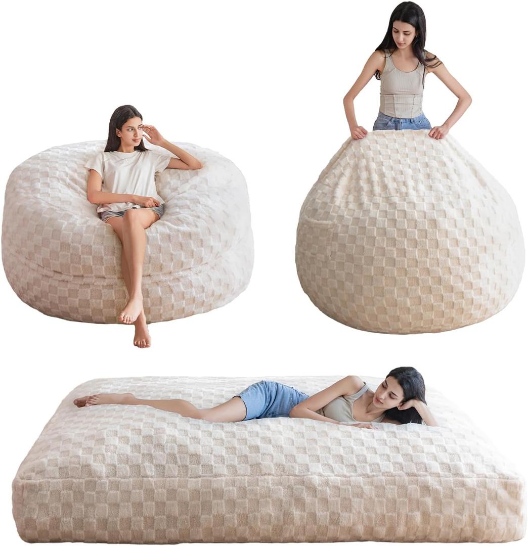 MAXYOYO Bean Bag Chair Bed for Adults, Convertible Beanbag Folds from Lazy Chair to Floor Mattress Bed, Large Floor Sofa Couch, Big Sofa Bed, High-Density Foam Filling, Machine Washable Cover (Full, Plaid Beige)