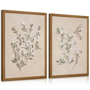 Vintage Botanical Wall Art Neutral Floral Prints Farmhouse Flower Canvas Wall Decor Watercolor Wildflower Pictures Nature Minimalist Artwork for Living Room Bedroom 12x16 Inch Wood Framed Set of 2