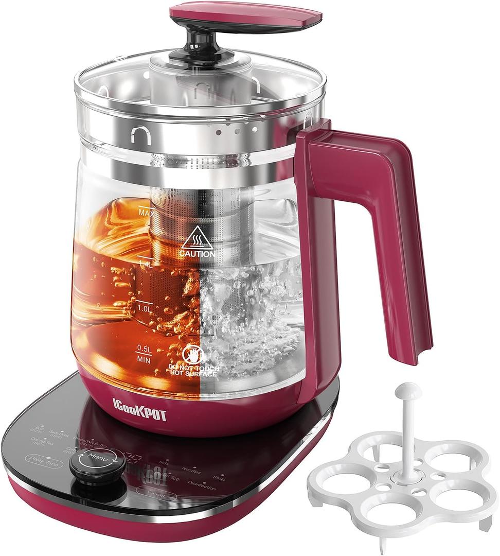 Hot Tea Maker Glass Electric Kettle with Tea Infuser and Temperature Control,1.5L Stainless Steel Tea Maker & 1200W Rapid Boiling,Programmable Control for your Favorite Teas and Coffee,Red