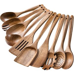 HSM Wooden Spoons for Cooking – 10-Piece Wooden Utensil Set, Non-Stick Safe, Easy-to-Clean Natural Acacia Wood Kitchen Utensils, Ideal for Cooking, Stirring, and Serving at Home