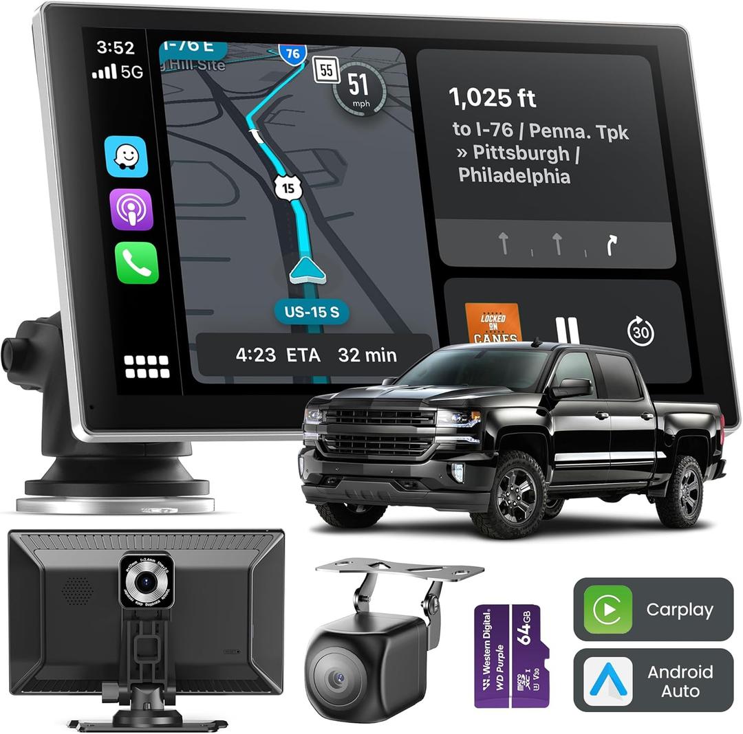 Jzones Carplay Screen for Car, 9" Portable Wireless Carplay&Android Auto, 4K Dash Cam,1080P Backup Camera, Car Stereo Audio Receivers for Car, GPS Navigation Mirror Link, Bluetooth,FM, Siri