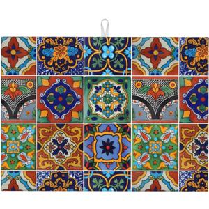 Talavera Mexican Tiles Dish Drying Mat For Kitchen Counter, Super Absorbent Microfiber Dish Drying Pad, Kitchen Gadgets For Easy Clean Multi-Use Large 18"x24"