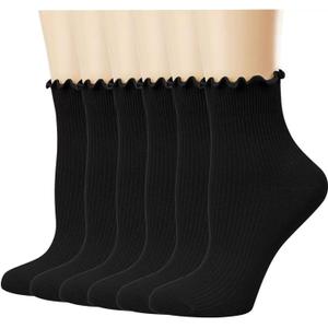 Sunporx Ruffle Ankle Socks Knit Cotton Breathable Comfortable Black Socks for Girls 6 Pack (One Size)