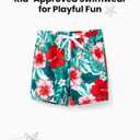 Family Matching Solid Scallop Trim Strappy Two-Piece Swimsuit and Allover Floral Print Swim Trunks Shorts (2T, Red White Flower)