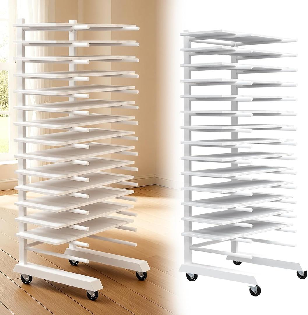Colingmill 1 Pack 15 Tier Cabinet Doors Paint Drying Rack with Casters 16 in Rods 20 in Base White Powder Coated 15lbs/Shelf Iron Detachable Crossbars Space Saving for Painted Wood Panels Doors, 41 cm