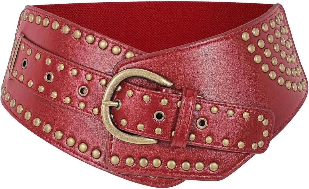 JASGOOD Women Vintage Wide Elastic Belt Studded Stretchy Waist Belt with Rivets Metal Buckle (Suit for Waist Size 47"-51", Red)