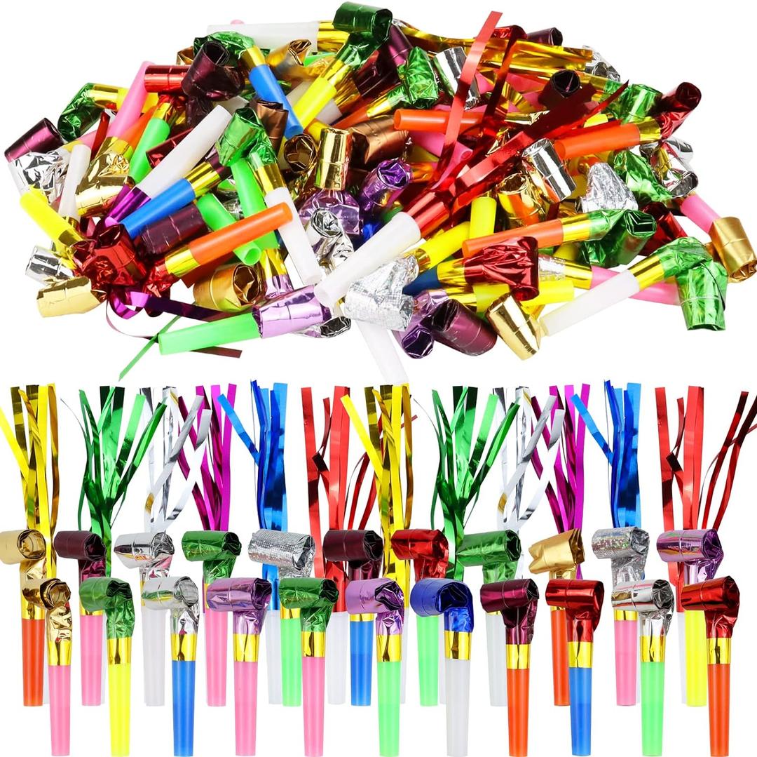 144pcs Two Kinds of Noisemakers Blowouts Horns, Bulk Toys, Birthday Party Favors, New Years Accessory, Prizes for Kids Whistles and Streamers